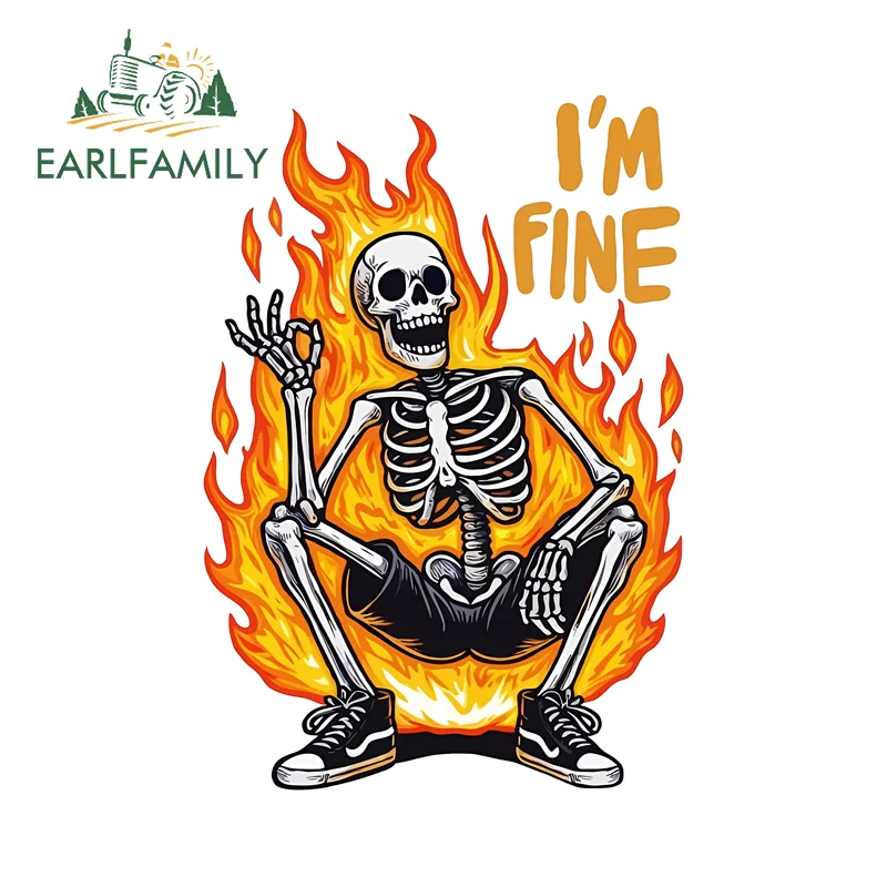 EARLFAMILY I am Fine Skeleton Car Stickers Fire Ok Gesture Humor Creative Graphic Decal Waterproof Vinyl Window Bumper Decor