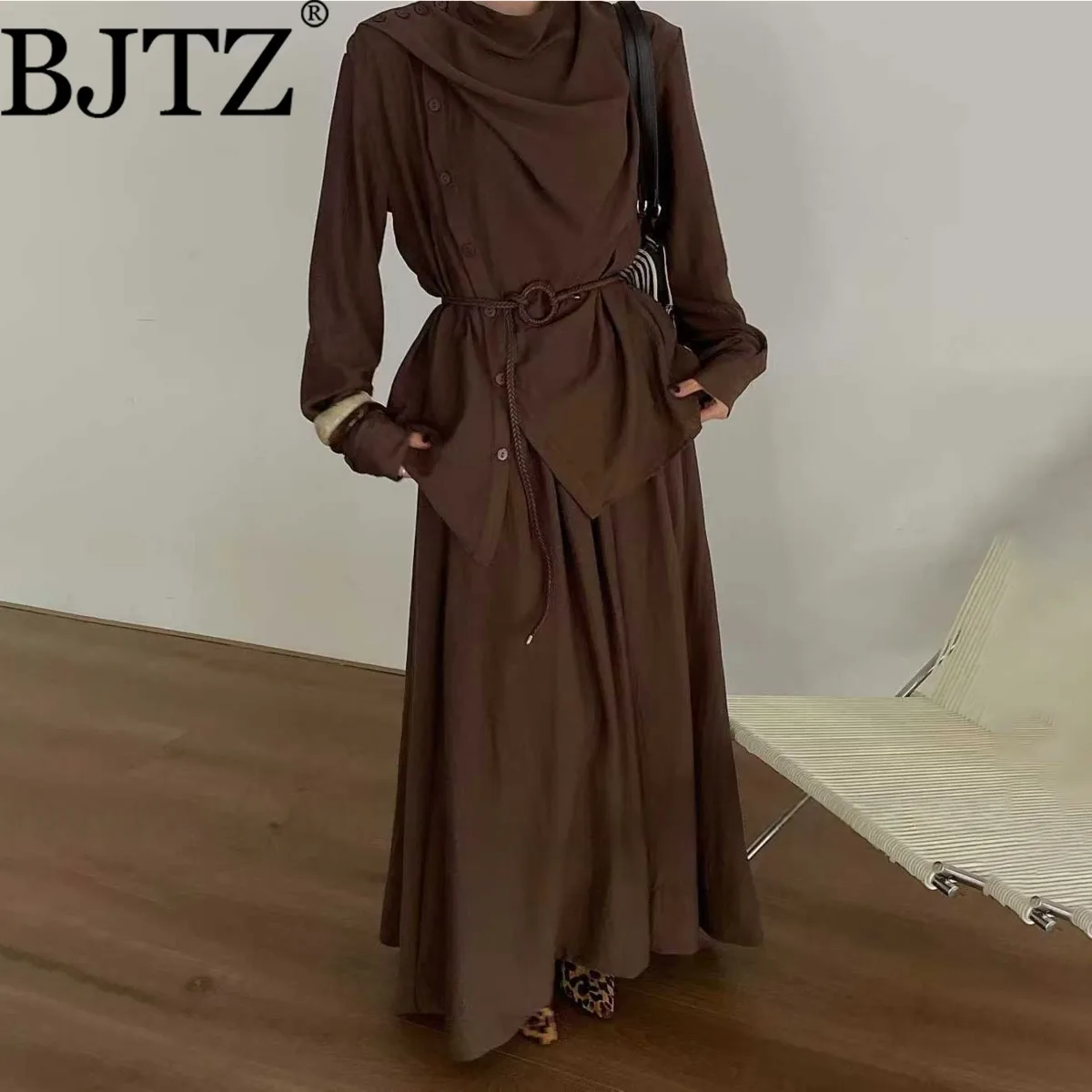 

BJTZ Elegant Shawl Collar Women's Sets 2025 Spring Autumn New Loose Temperament Single Breasted Shirt Top+high Waist Skirt Sets