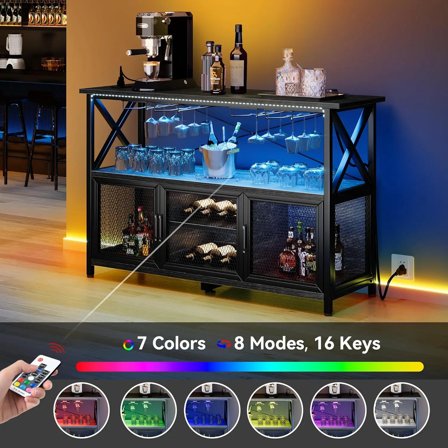 Gabinete de bar de 55" con luces LED, gabinete de vino con toma de corriente, soporte de mesa de bar con estante para vino, gabinetes de almacenamiento, Sh ajustable