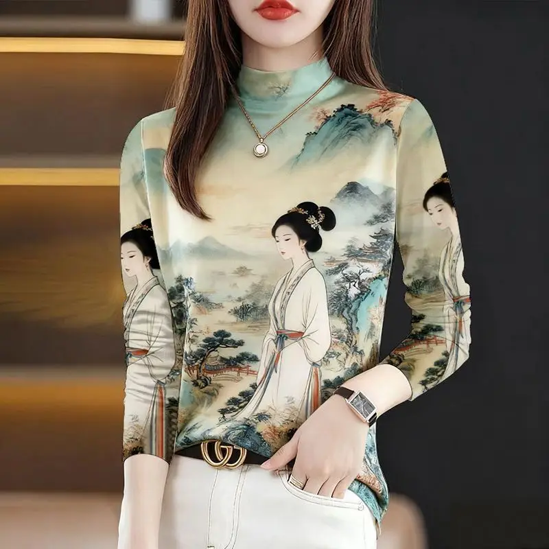 Chinese Style Women's Printed Long Sleeve T-Shirt 2025 Autumn Winter Turtleneck Base Shirt Blouse Elegant Vintage Bottom Shirt