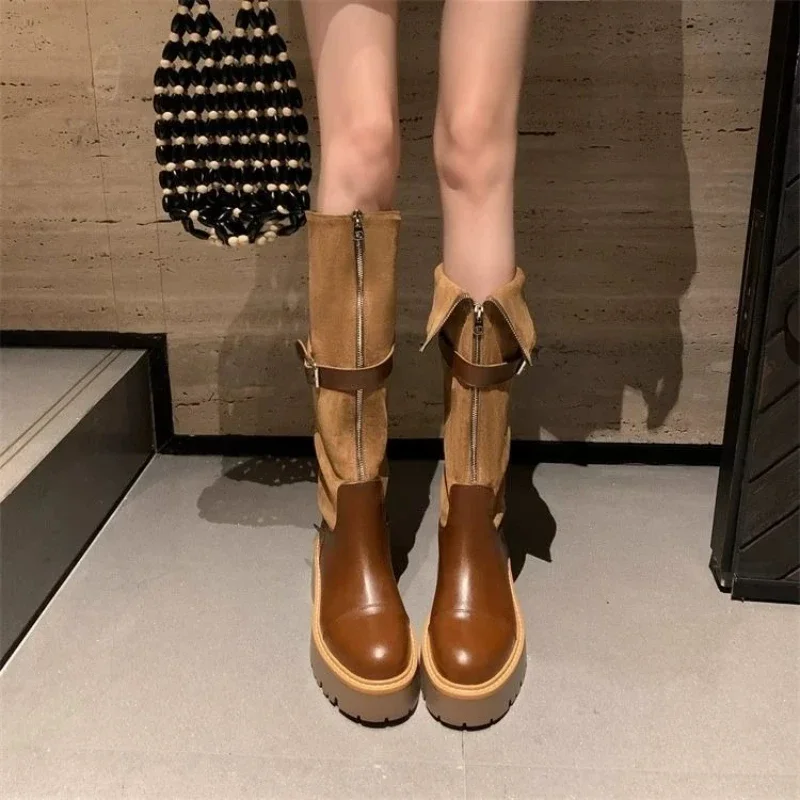 Autumn Winter Belt Buckle Ladies Knee High Shaft Shoes Y2k Designer Luxury Footwear Demi-season Gothic Goth Women's Long Boots - view 4