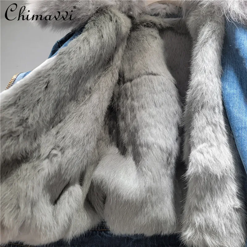 Winter New Heavy Fox Fur Collar Rabbit Fur Lining Metal Buckle Warm Denim Short Jacket Fashion Long Sleeve Elegant Women Coat