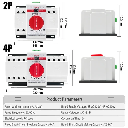 Imagen 2 del producto 63A 125A 2P 4P ATS PV interruptor de transferencia automática de doble potencia AC230V 400V 50 60Hz tipo MCB interruptores de Sal manuales automáticos disyuntor