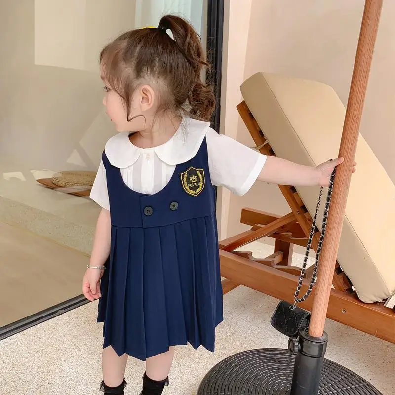 

2022 Girls' Summer Dress New Preppy Style Korean Style Short-Sleeved Children's Suit Baby Fashionable Clothes