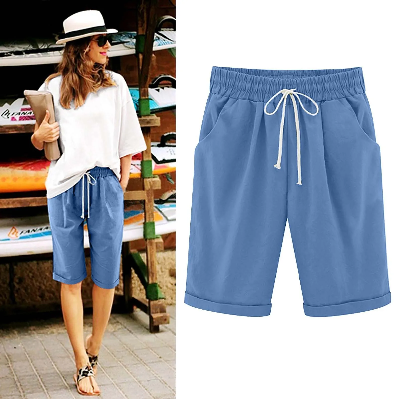 

Women's Summer Shorts Casual Cotton Harem Pants High Waist Loose Fit Capris Elastic Waist Drawstring Crop Pants Rolled Cuff