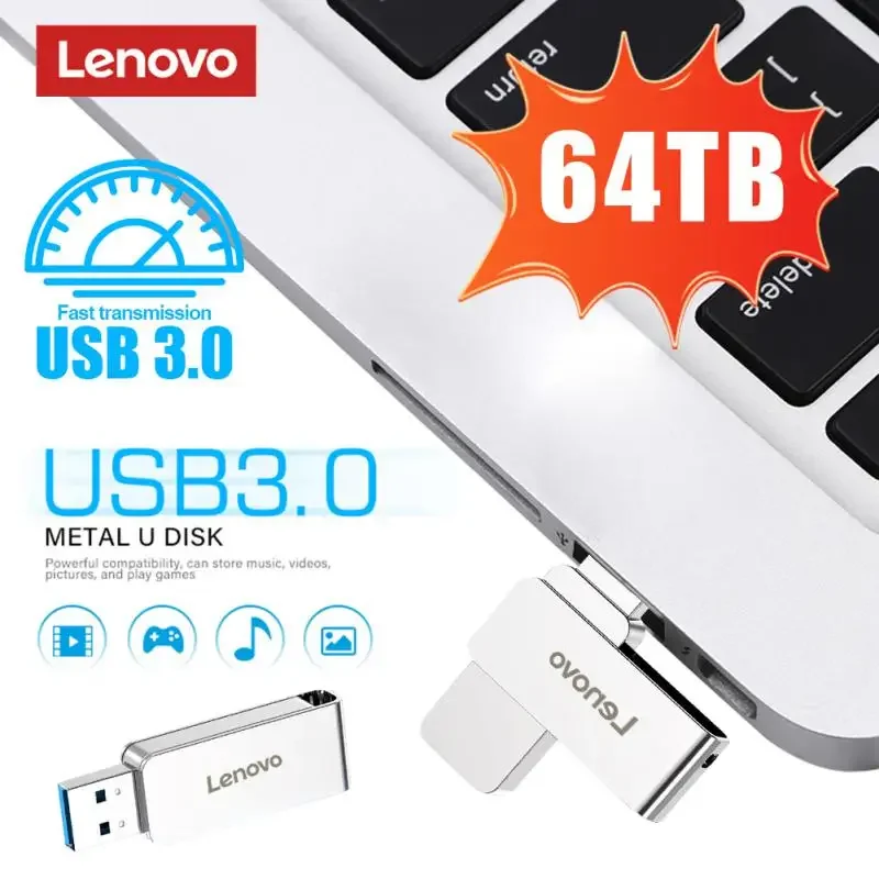 Lenovo-USB Flash Drive para Laptop, 64TB, Interface USB 3.0, Real Capacity 16TB Pen Drive, Disco Flash de alta velocidade, 520 mbps, Memória USB para Laptop