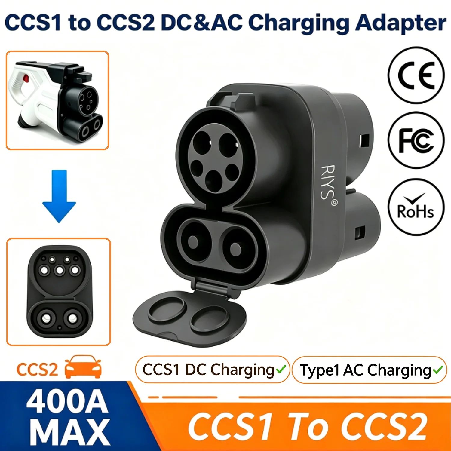 RIYS CCS1 to CCS2 Adapter 400A MAX Fast EV Charger Support AC Type1 to Type2 Charging Adaptador ccs1 a ccs2 para GEELY EX5 2026