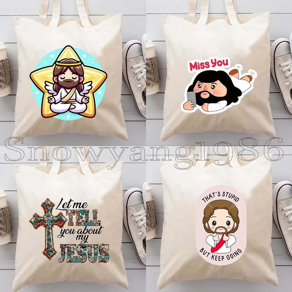 

4PCS Jesus Is Calling Christmas Gifts Canvas Tote Bag Kawaii Baby Jesus Cartoon Buddy Christ Casual Shopper Shoulder Eco Handbag