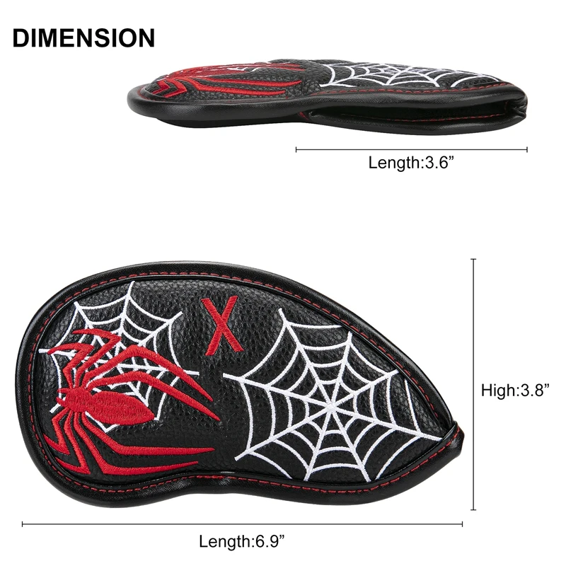 Golf Iron Head Cover Set With Spider Web Design, Black Synthetic Leather Wedge Headcovers With Skeleton (11Pcs/Lot)