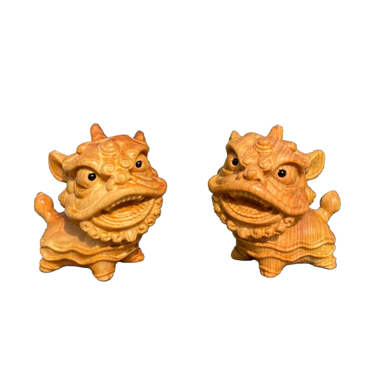 Hand Carved Cypress Wooden Cute Lion Dog Figurine Pair (Set of 2) - Auspicious Ornament Portable Car Office Desk Decor Gift