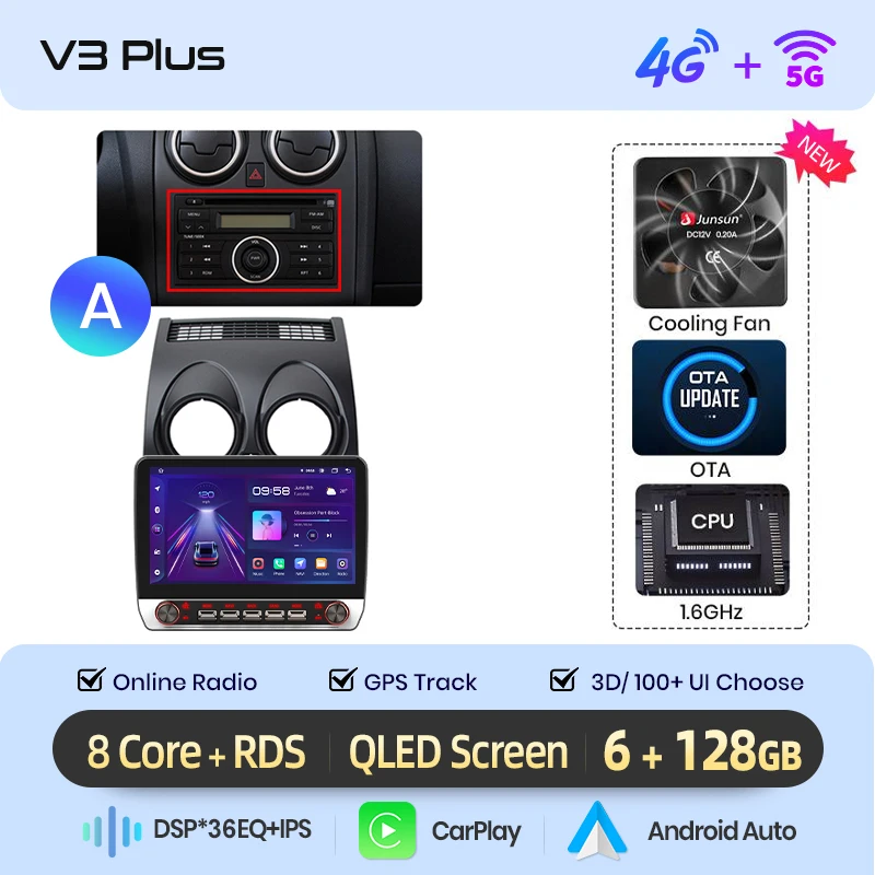 Junsun 13.1″ QLED Draadloze CarPlay Android Auto Autoradio Voor Nissan Qashqai J10 2006-2013 Intelligente Systemen DSP SWC RDS GPS