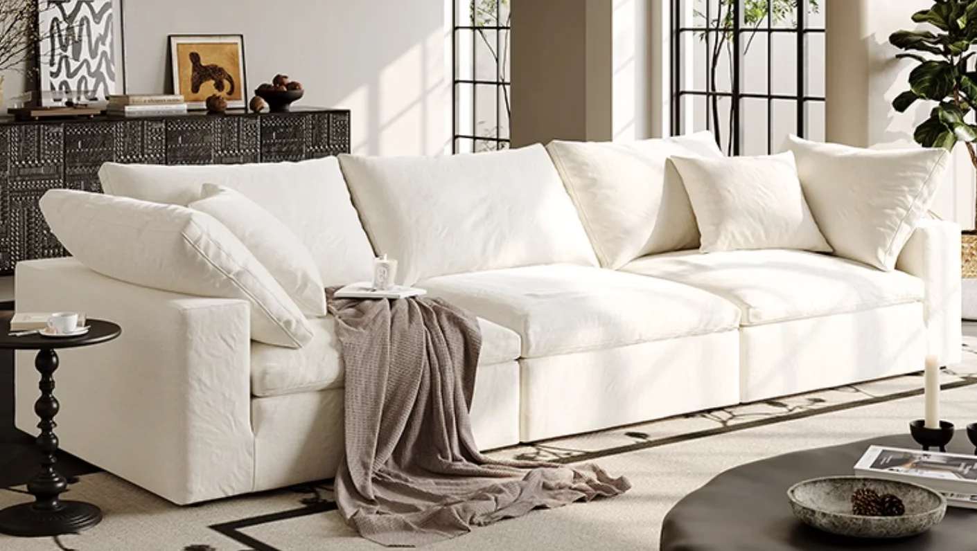 

for Custom Exclusive Modern White Cotton Linen Sectional Sofa Set Living Room Furniture with Wood Legs for Hotel or Apartment