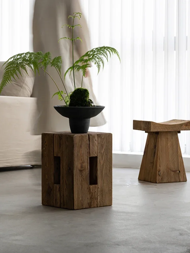 

Приставной столик из старого соснового дерева в стиле ретро, журнальный столик из массива дерева для гостиной, проживания в семье, низкий маленький низкий табурет в стиле ваби-саби