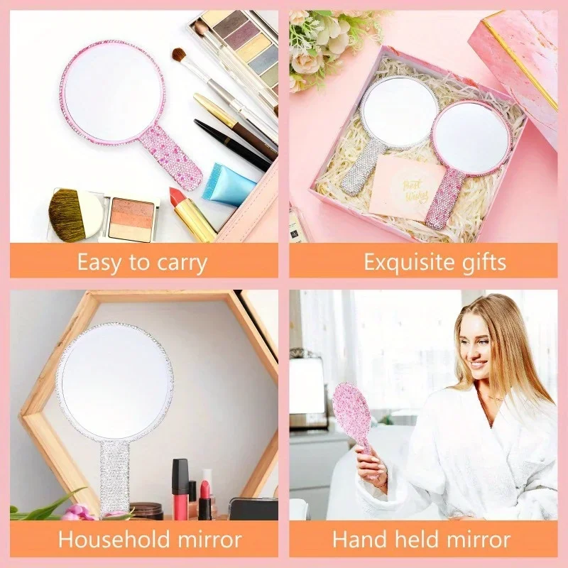 Diamant Handheld Make-Up Spiegel Liebe Herz Spiegel Weiblichen Griff Make-Up Kosmetische Schönheit Werkzeuge Handheld Eitelkeit Mädchen Make-Up Spiegel