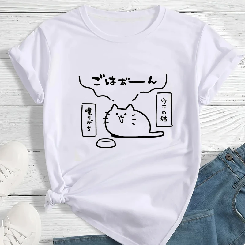 

Женская футболка с принтом кота в японском стиле, повседневная футболка с короткими рукавами в стиле Харадзюку, свободная уличная одежда, летняя одежда унисекс, топ Y2k Tee