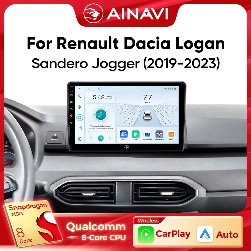 Автомобильный радиоприемник Ainavi для Renault Dacia Logan Sandero Jogger 2019 2020 2021 2022 2023, беспроводной Carplay Android Auto 4G, автомобильный мультимедиа