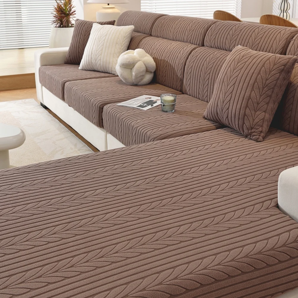 Pure Color Jacquard Elastic Anti-Slip Sofa Cover Washable Cushion Furniture Protective Seat Cover
