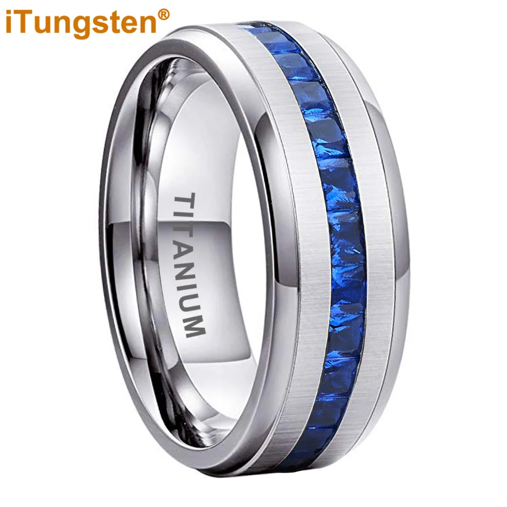 ITungsten 8mm Titanium Satin Ring for Men Women Blue Princess Cubic Zirconia CZ Inlay Fashion Eternity Engagement Wedding Band