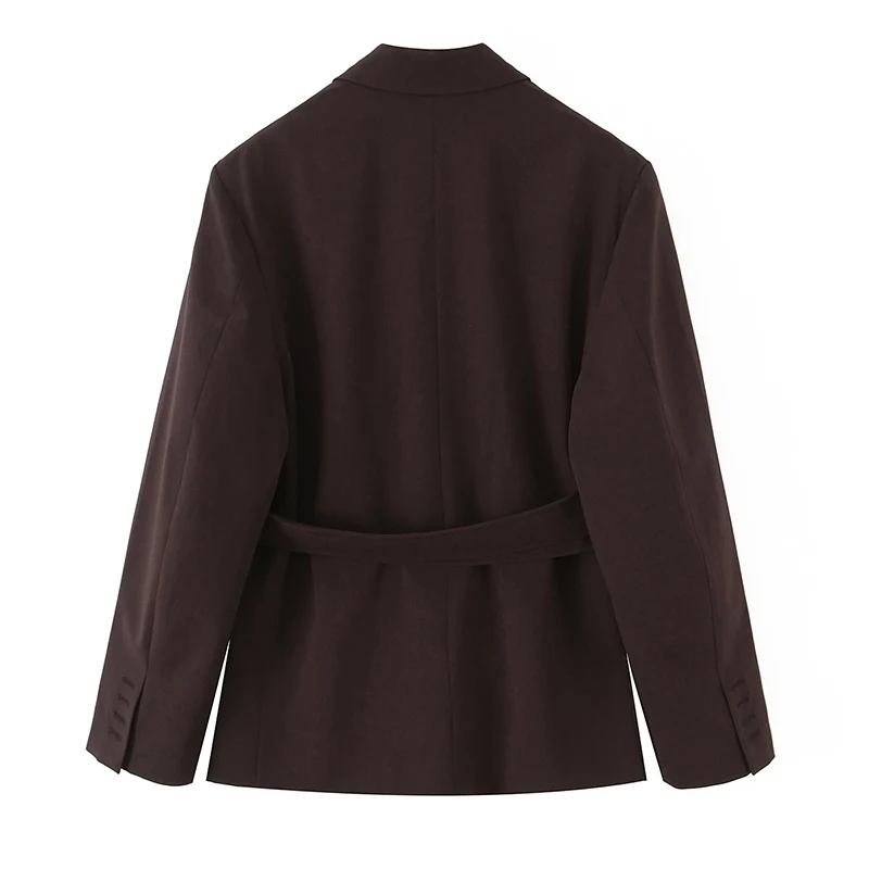 سترة Willshela للسيدات مع حزام بني مزدوج الصدر وأكمام طويلة ورقبة مدببة ملابس نسائية للمكتب #2