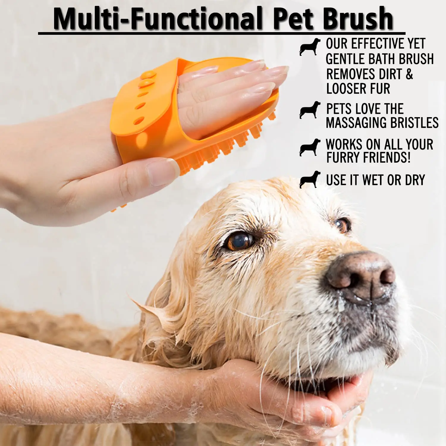 Dog Bath Brush,Dog Grooming Shedding Soothing Massage Rubber Bristles Curry Comb with Adjustable Ring Handle for Pet Dogs& Cats