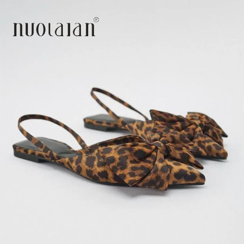 2024 Woman\'s Leopard Print Flat Mules Sweet Bow Pointed Toe Ballet Shoes Spring Summer Casual Slingback Design Women Shoes