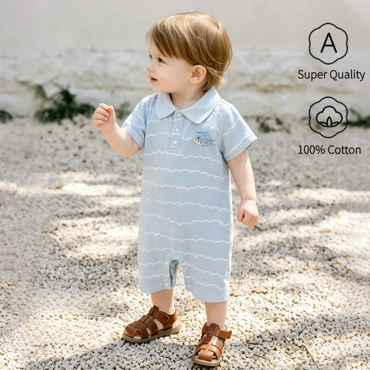Baby Unisex Summer Turn Down Collar Bodysuit Bebe Pure Cotton Soft Breathable Romper Newborns Lightweight Comfy Short Jumpsuit