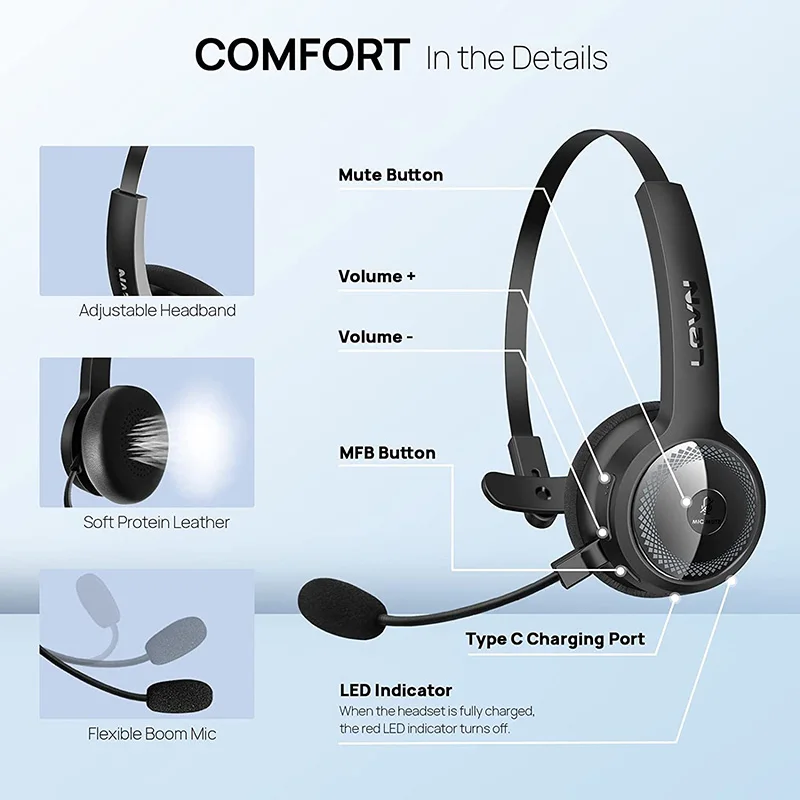 Call Center Bluetooth Headset Wireless Over-the-Head Noise Canceling Headphones with USB for Truck Car Drivers Office headphones