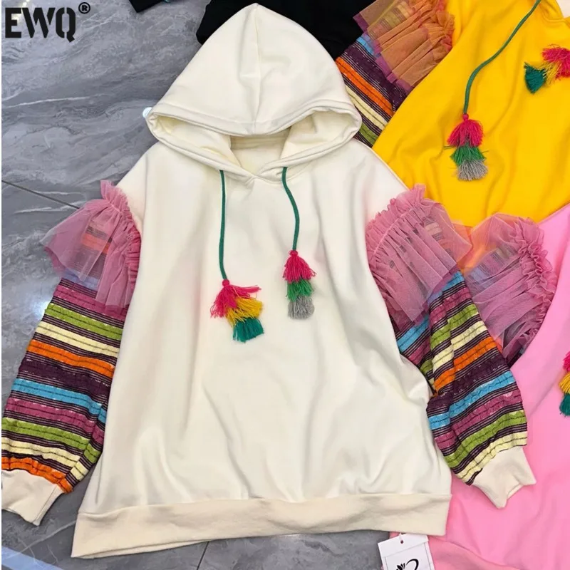 [EWQ] Sweet Mesh Spliced Colorful Long Sleeve Hooded Sweatshirt Loose All-match Women Winter Pullover Tops 2024 Autumn 16O3111