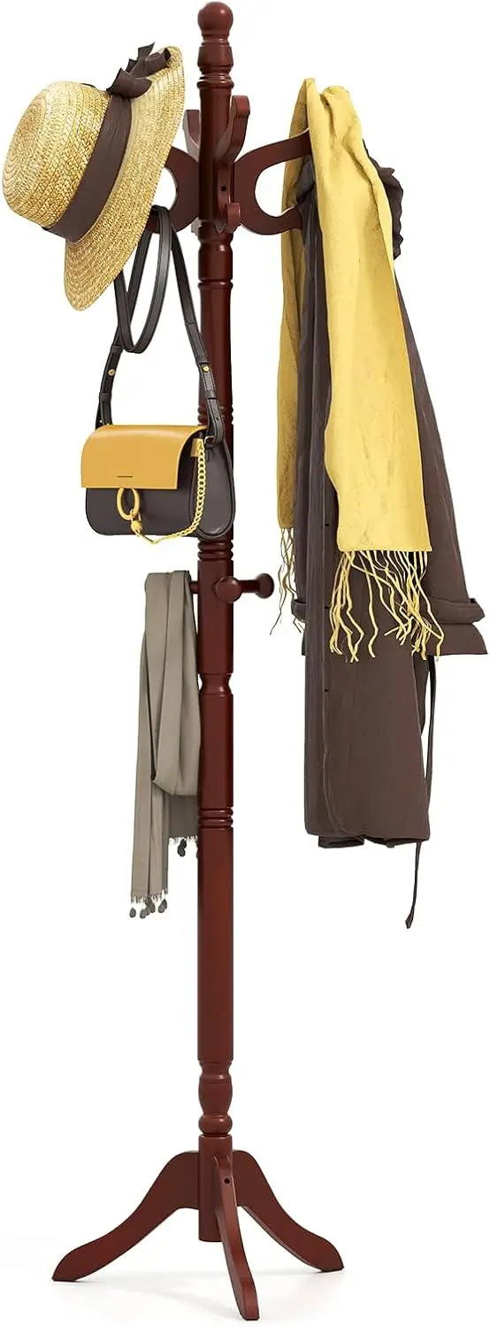 Coat Rack Freestanding, Solid Rubber Wood Coat Tree with 11 Hooks and 3 Height Options(Reddish Brown)