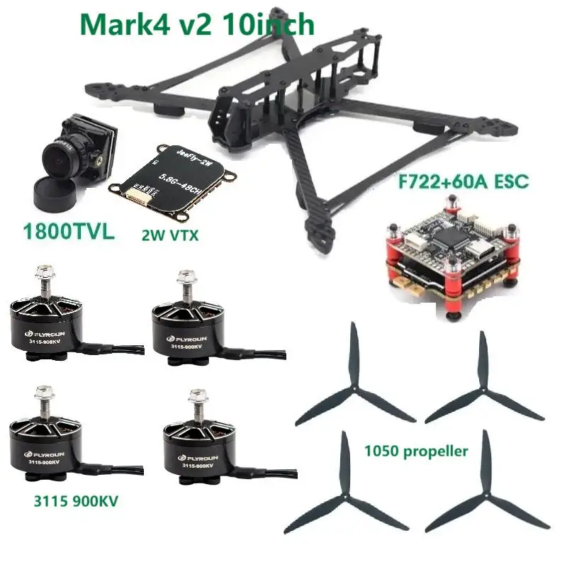 

Mark4 V2 10inch 427mm Frame F7 Flight Control 60A ESC 3115 900KV Motor Gemfan 1050 Propeller for FPV Camera Done 2W VTX
