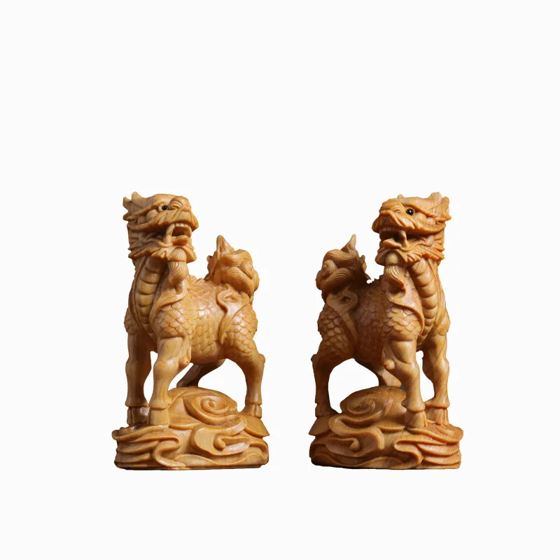 

2 pcs wood carving Mascot Kirin whole wood statue, Chinese auspicious animals Home living room bedroom desktop decoration