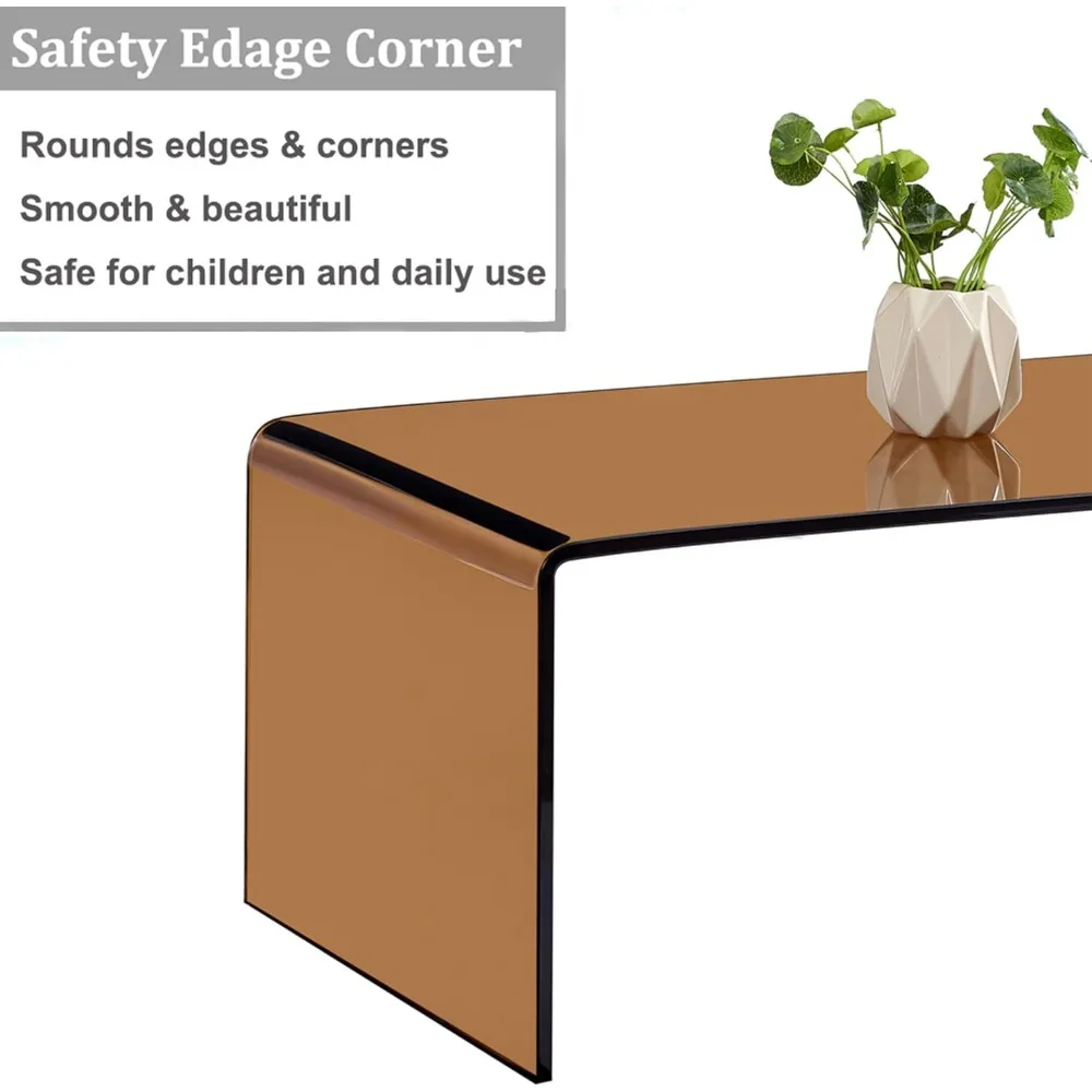 Modern Rectangular Brown Glass Coffee Table for Living Room, Small Tempered Glass Waterfall Design Sofa End Table 39.4 Inches
