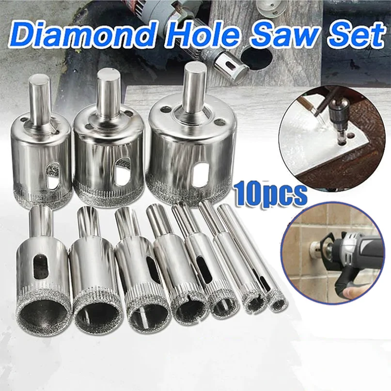 

Набор алмазных сверл 10 шт. (3-50 мм) для резки стекла, мрамора, керамогранита, плитки