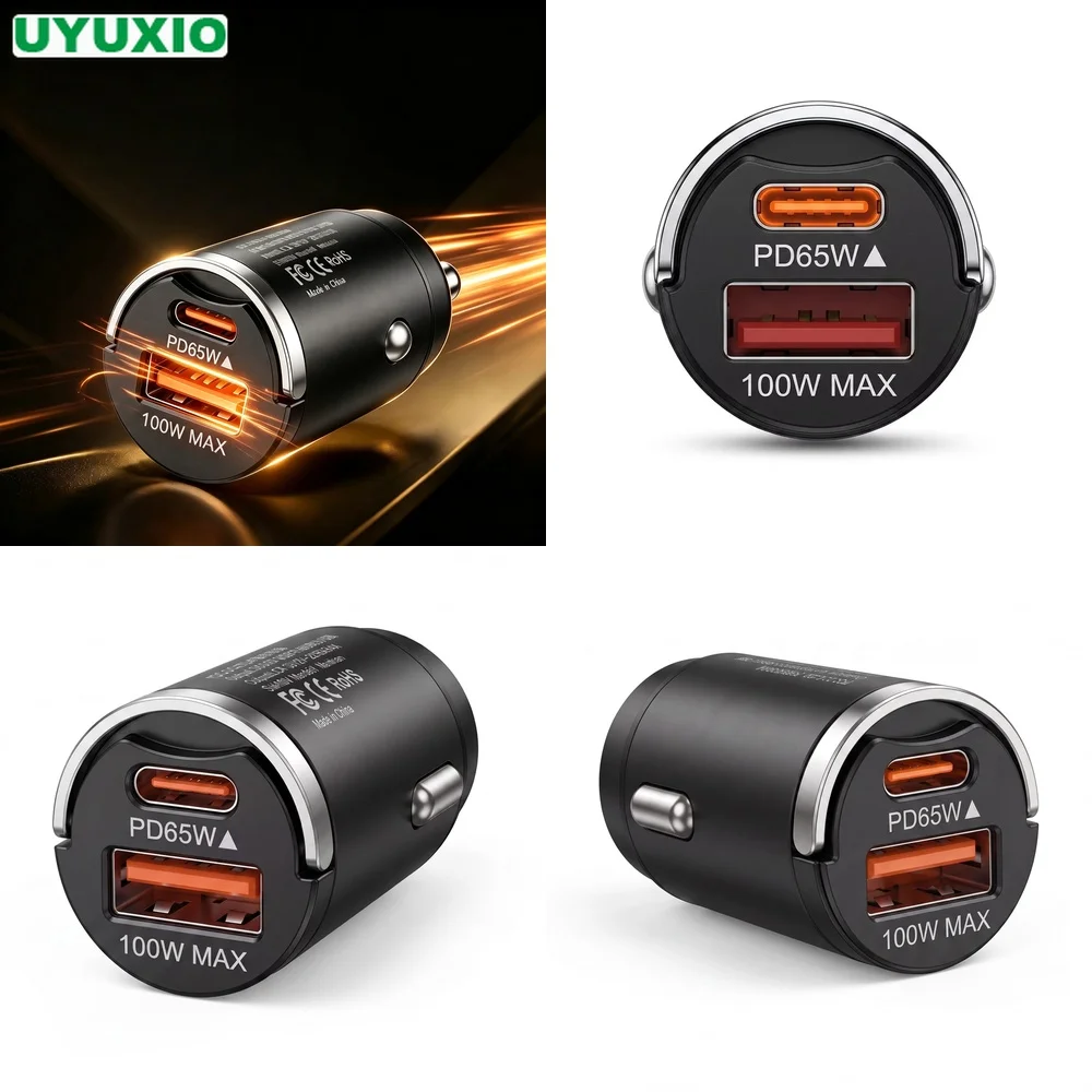carregador-veicular-de-165w-com-duas-portas-design-embutido-em-liga-de-zinco-carregamento-pd-65w-usb-c-e-100w-usb-a-para-veiculos-telefones-tablets-e-laptops