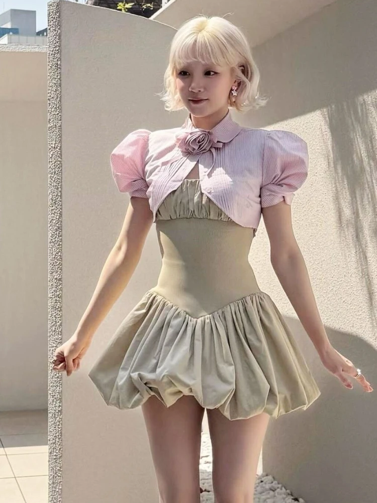 Coreano faculdade estilo doce 2 peça conjunto feminino y2k mangas inchadas blusa listrada + vestido sem alças feminino fino ajuste chique outfits novo