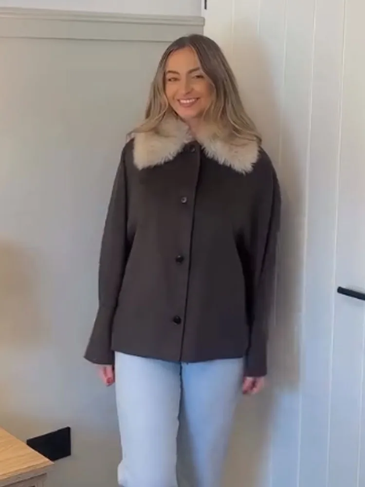 HH otoño mujer elegante piel sintética efecto escote botón bolsillos decorar abrigo mujer solapa manga larga chaqueta suelta estilo callejero