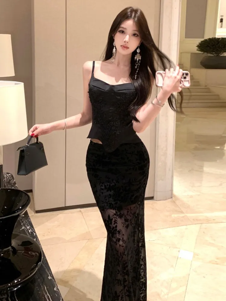 

Lace patchwork spicy girl sexy cross back slimming camisole vest mesh jacquard long skirt women temperament two piece set