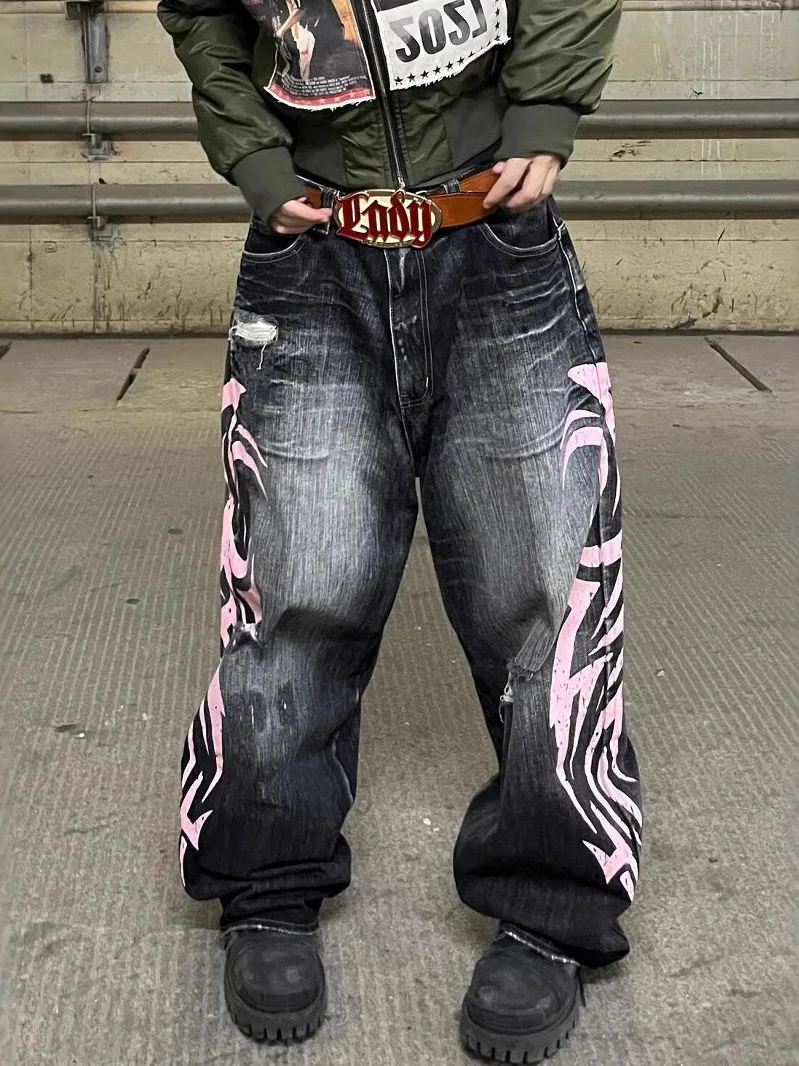 

Y2K Cross-Border Street Hip Hop Totem Print Design Loose Casual Long Trousers Trendy Wide Leg Jeans High Waist Straight Leg