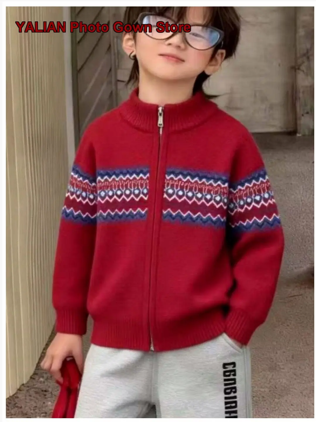 Boys Girls Fair Isle Knit Jacket Autumn Winter Thickened Red Zip-Up Top Kids Older Kids