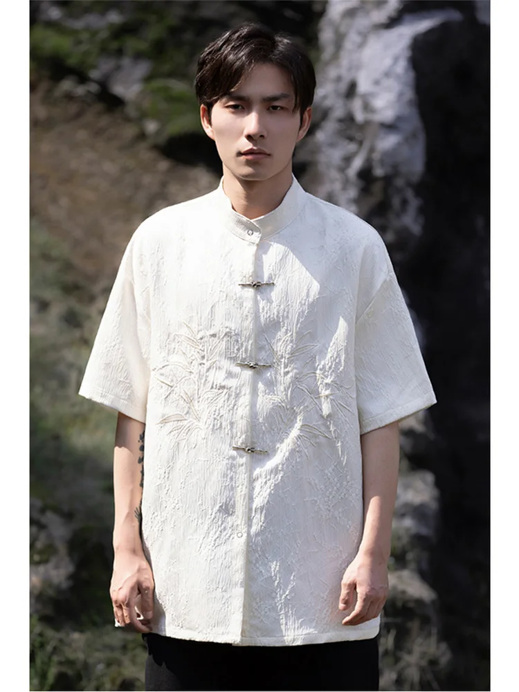 

New Summer Chinese Sle Men's irt ort Sve Button up Casual Faion Polyester Fiber Loose Fit Youthful Trend