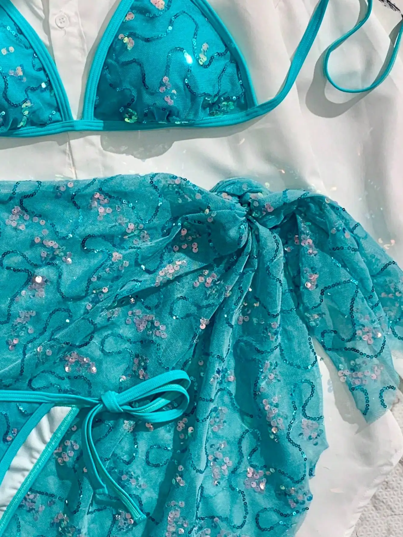 

Turquoise Sequined Triangle Bikini With Sheer Tie-Front Cover-Up And Spaghetti Straps For Summer Beach Wear