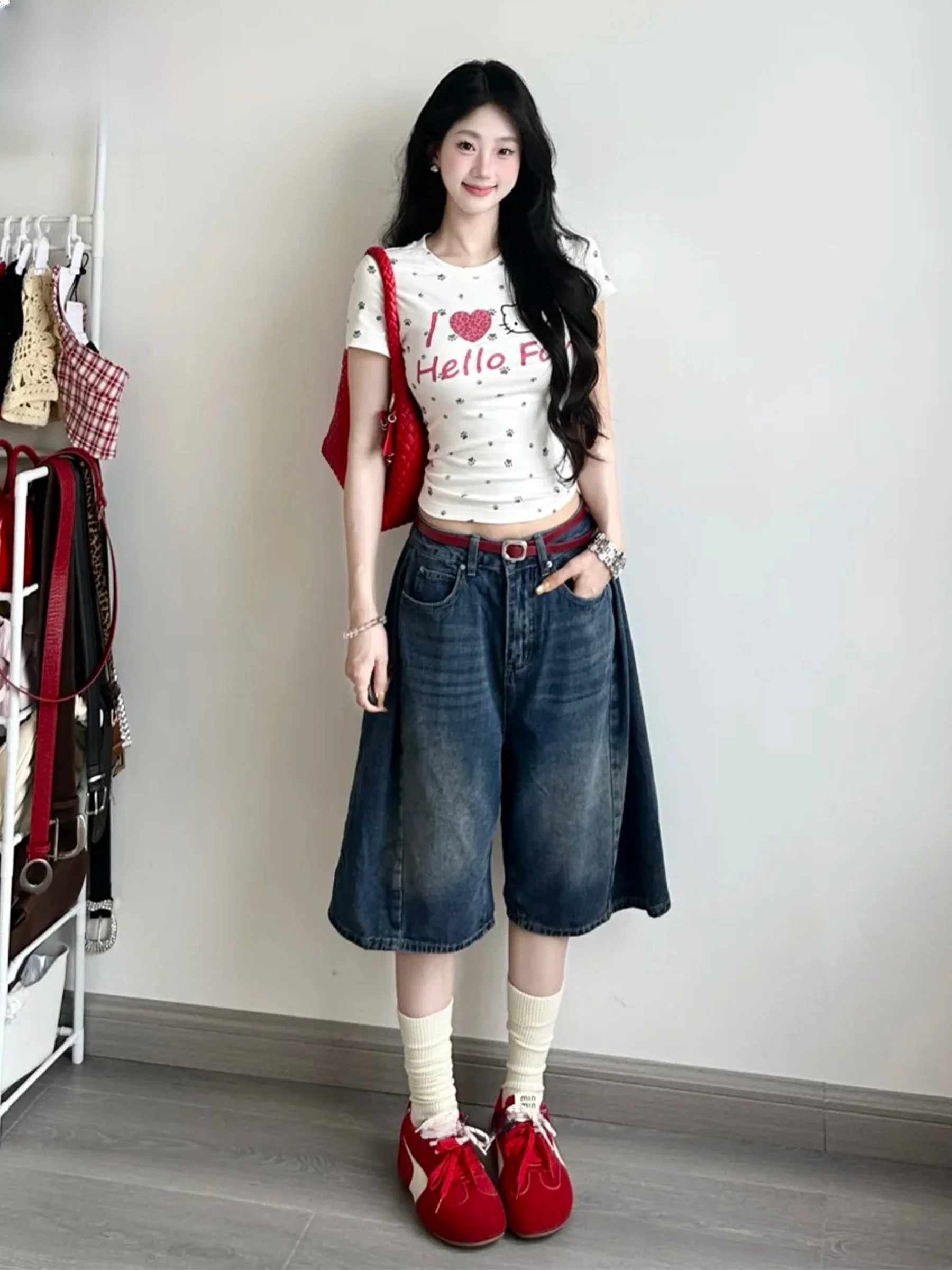 

Женские джинсы в американском ретро-стиле, свободные, широкие, прямые, укороченные (до колена), с высокой талией, для повседневной носки, летние, с эффектом похудения