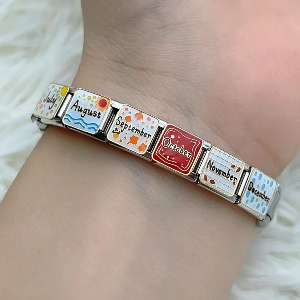 Fashion Men Women Colour Glaze 12 Month Italian Charm Link Fit 9mm Stainless Steel Bracelets Making DIY Beads Jewelry