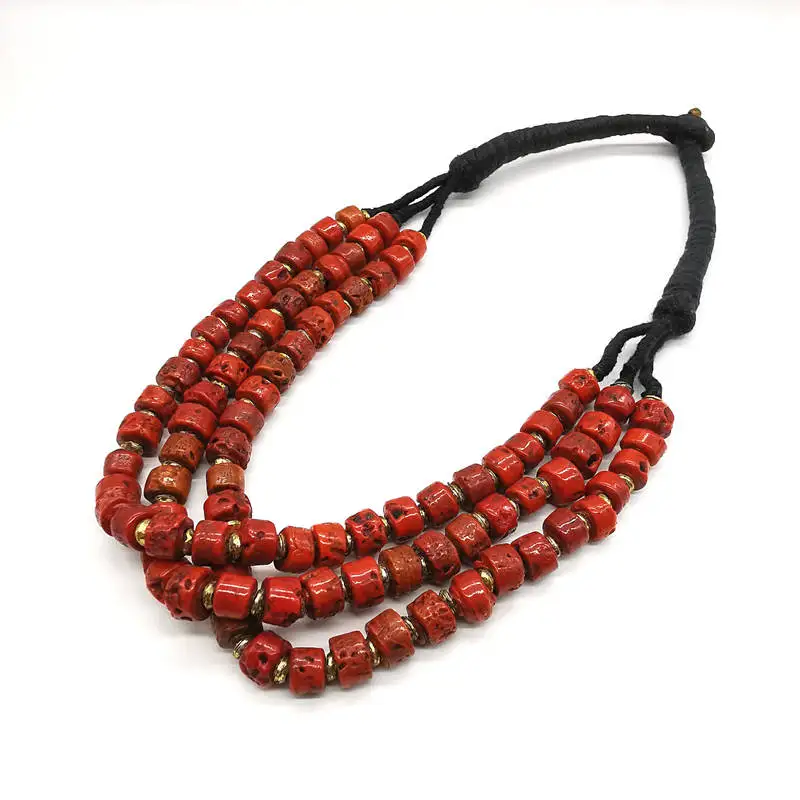 New Arrival Tibetan Jewelry Sherpa Glass Beads Coral Red Antiqued Lampwork Beaded Necklaces TNL190