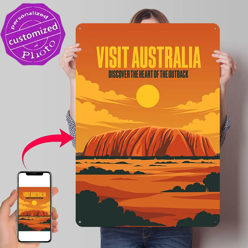 Visit Australia: Outback Travel Personalized 3D Textured Metal Poster Wall Art Vintage Tin Signs for Decor Room Home Decorations