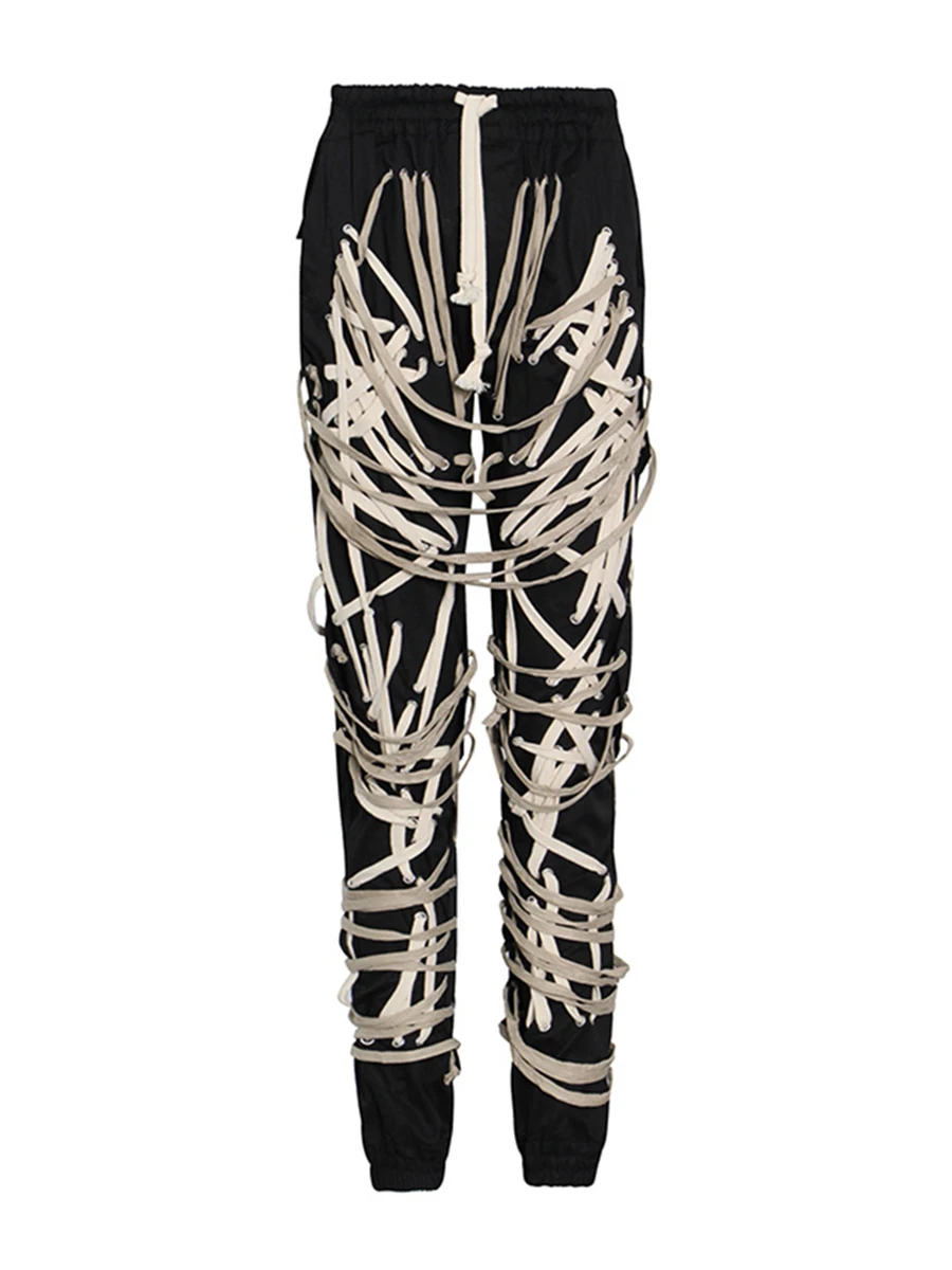 TWOTWINSTYLE Hit Farbe Gespleißt Strap Mode Hosen für Frauen Hohe Taille Patchwork Spitze Up Streetear Hose Weibliche Kleidung Neue