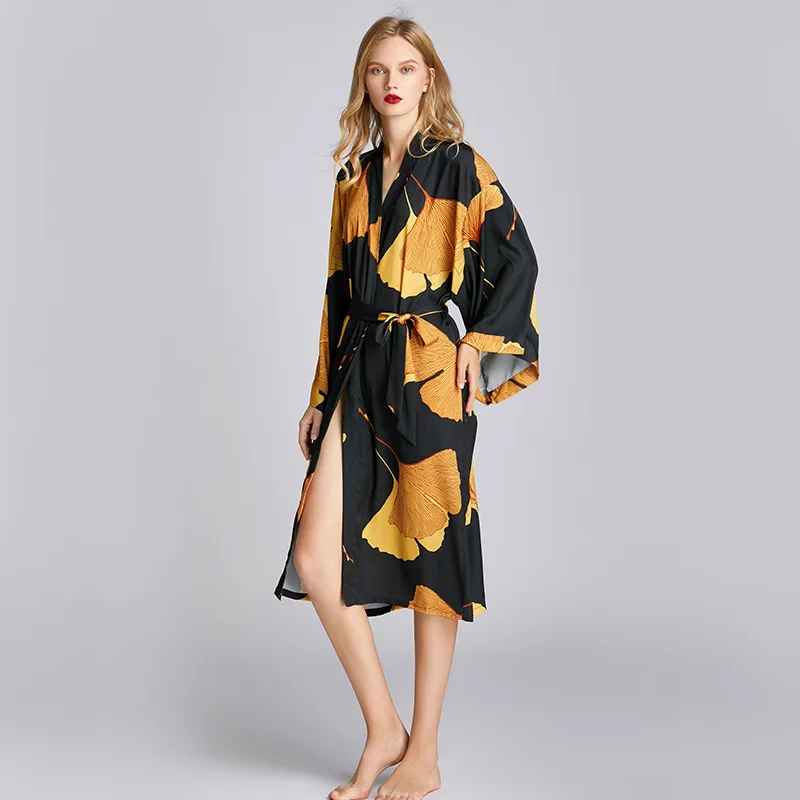 Female Black Long Robe Nightgown Sexy Print Ginkgo Leaf Kimono Bathrobe Gown Sleepwear Spring Summer Loose Satin Home Dress