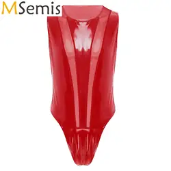 Mens Lingerie Patent Leather Bodysuit Bodycon Jumpsuits One Piece Wet Look Rave Clubwear Mesh Buttoned Crotch Leotard Costume