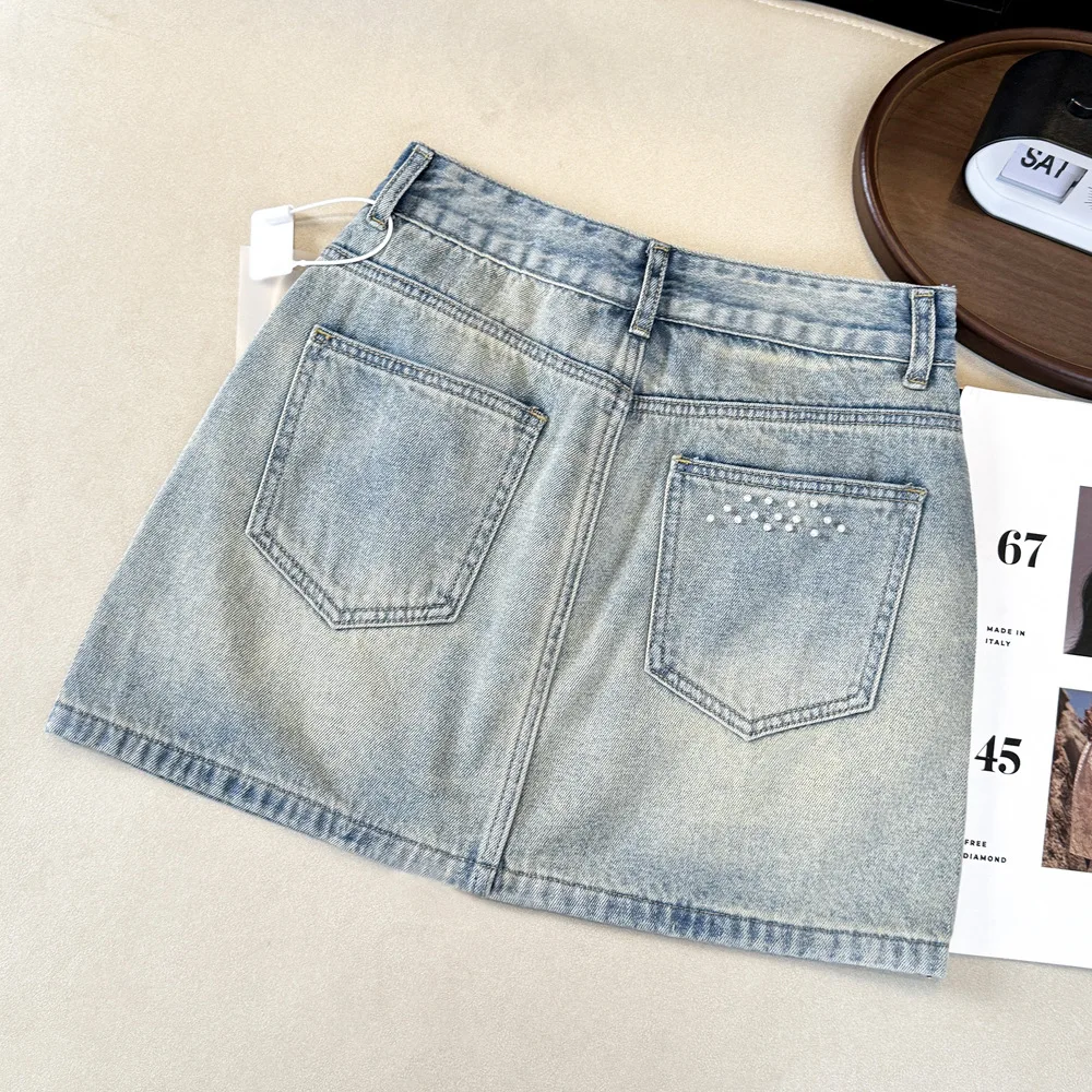 Pearl Rhinestone Denim Mini Skirt for Women Summer Fashion High Waist Slim A-line Skirts Streetwear Vintage Light Blue Skirt