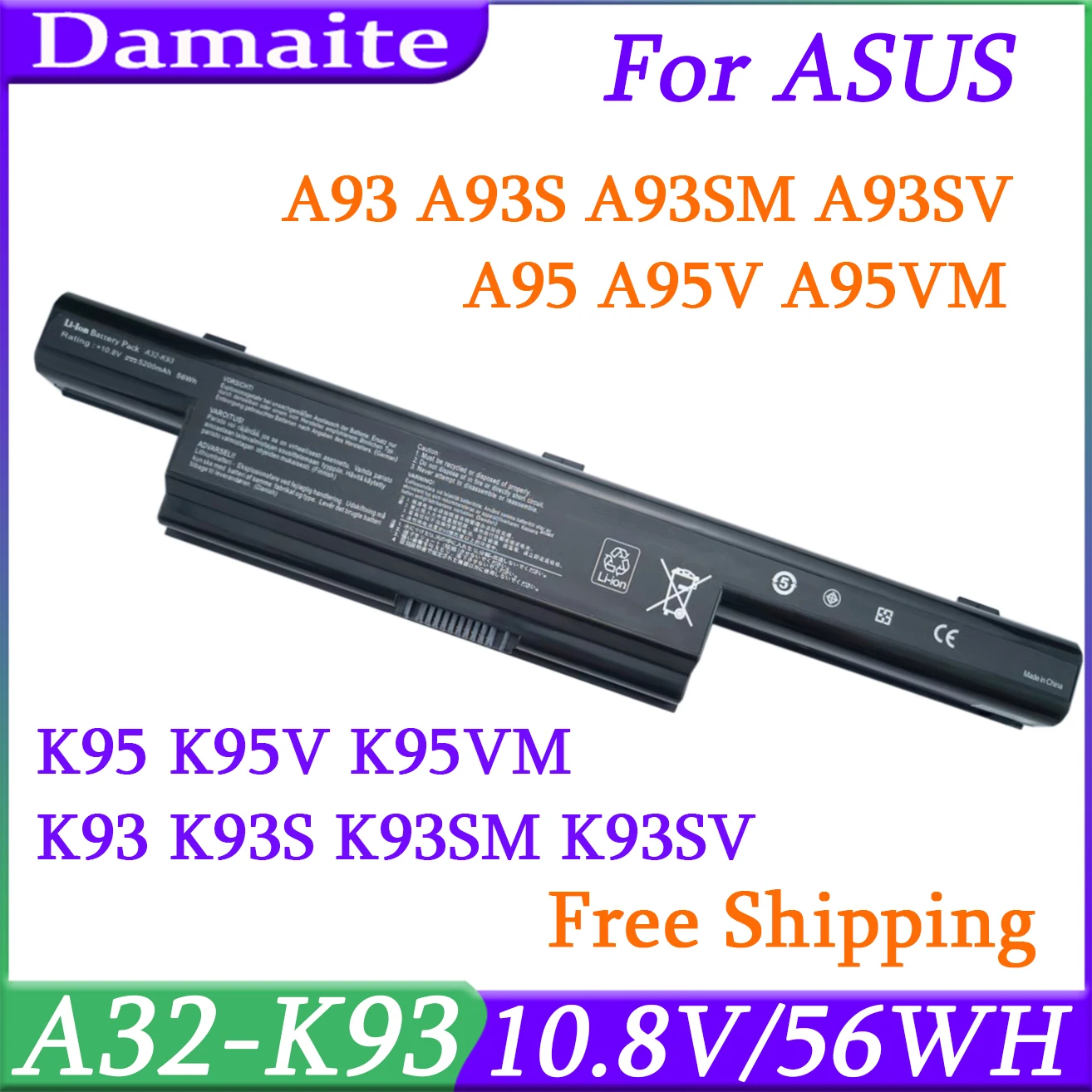 

A32-K93 A41-K93 A42-K93 Аккумулятор для ноутбука ASUS A93 A93S A93SM A93SV A95 A95V A95VM K93 K93S K93SM K93SV K95 K95V K95VM K95Vb